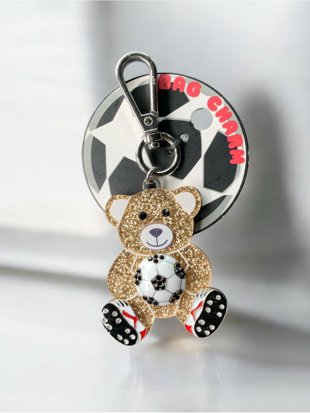 World Cup Glitter Gold Teddy Bear Soccer Bag Charm Keychain